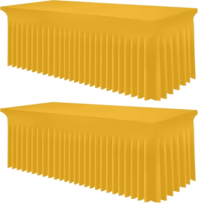 Smiry Spandex Tablecloth 2 Pack, Elastic Fitted Stretch Tablecloth for 8FT Rectangle Tables, Waterproof Washable Table Cover Skirt for Wedding, Banquet & Parties (Mustard Yellow, 96Lx30Wx30H Inch)