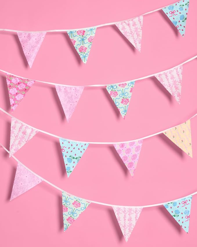 xo, Fetti Tea Party Bunting Banner - 32 Pieces 30ft | Garden Party Garland, Pastel Floral Decor, Birthday, Easter Pennants, Spring, Mother's Day, Pink Blue Purple
