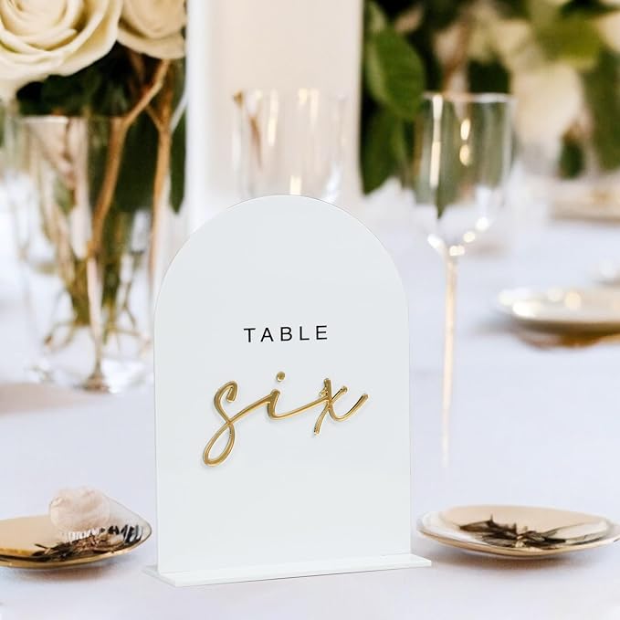White Arched Wedding Table Numbers 1-15 with Stands, 5x7 Inch White Acrylic Arch Sign with Gold Numbers, Arch Acrylic Table Numbers for Wedding Reception