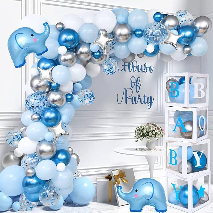 Golray 155pcs Elephant Baby Shower Decorations for Boy, Boxes with Letters/ Blue Balloon Garland Kit/ Backdrop/ Tablecloth/ Star, Elephant Kid Birthday Party Supplies Baby Boy Shower Decor