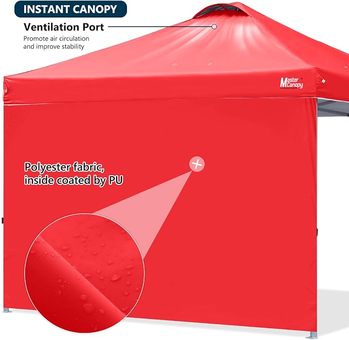 MASTERCANOPY 10x10 Pop Up Canopy Tent with 1 Sidewall, 1 Person Setup Instant Shelter, Outdoor Portable Beach Canopy, 1 Roller Bag, 4 Sandbags, 4 Ropes, 8 Stakes (10x10, Red)