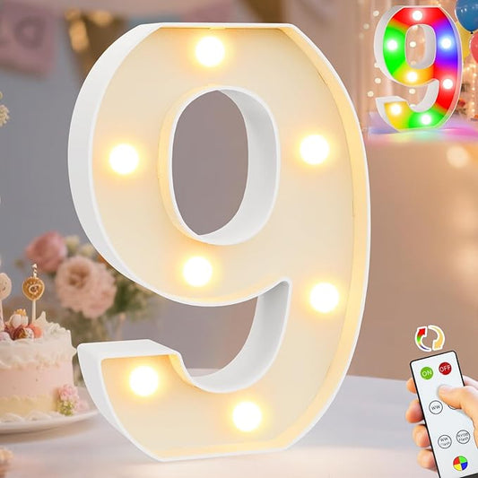 Pooqla LED Light Up Numbers 9, Warm White and Colorful Lighted Marquee Numbers with Remote, Lighted Numbers for 9th 19th Birthday Decorations, Gift for Girls Boys Her Him Anniversary Home Party Decor