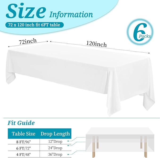 6 Pack Tablecloth 72 x120 inch Polyester Table Cloth for 6-8 Foot Rectangle Tables,Stain and Wrinkle Resistant Washable Fabric Table Covers Polyester White Table Clothes for Wedding,Party,Banquet