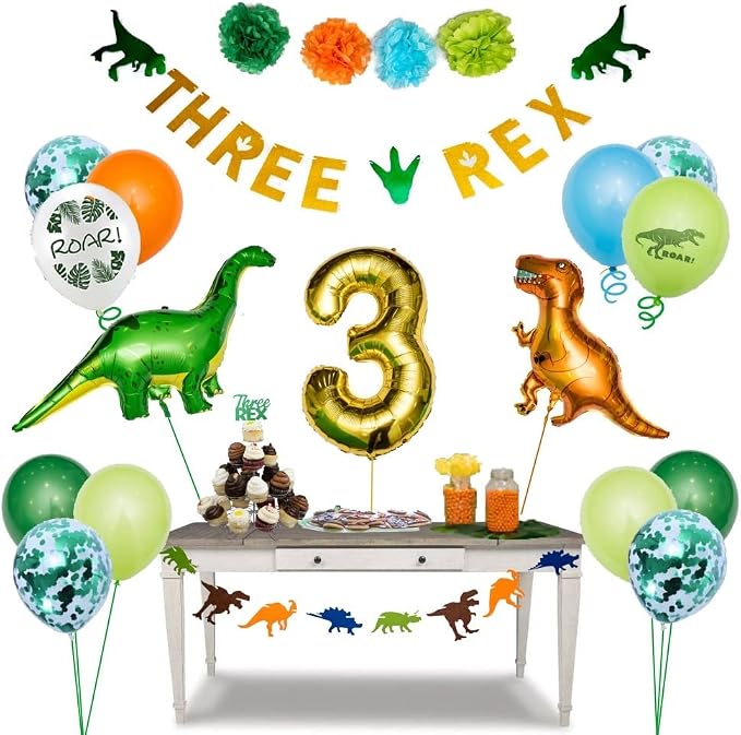 Three Rex Birthday Party Decorations for Boys – 3rd B-day Dinosaur Theme w/ Banners & Balloons – Three Rex Party Supplies for Boy’s Dino Celebration