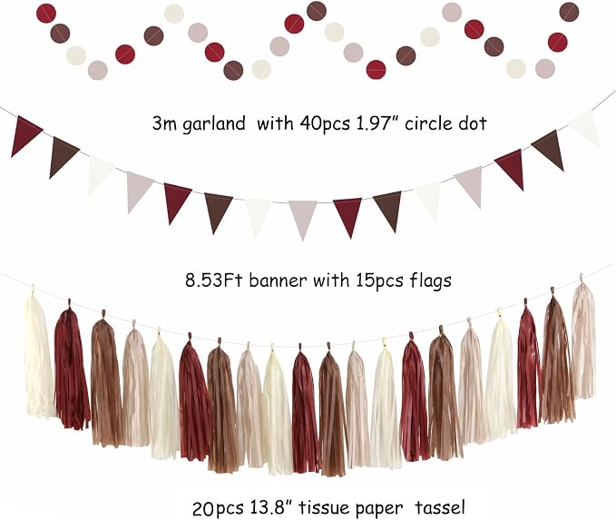 Brown Burgundy Champagne Dusty-Pink Party-Decorations - 33pcs Banner,Streamers Tassel Garland,Fall Boho Baby Shower,Wedding Tissue Pom Poms Honeycomb,Paper Lantern Fan,Birthday,Engagement Hugtmr