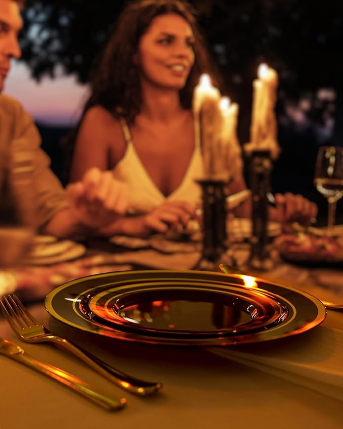 BESTSTAR 200PCS Black Plastic Plates Set with Gold Rim, 100 10.25 inch Dinner Plates and 100 7.5 inch Dessert Plates, Premium Disposable Plates forfor Party, Wedding, Holiday