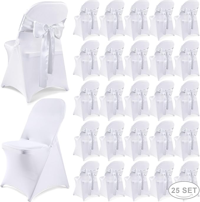 Lounsweer 50 Pcs Folding Chair Cover Set with 25 Stretch Spandex Slipcovers 25 Satin Chair Sashes Bows Ribbon Washable Banquet Protector for Wedding Event Party(White, White)