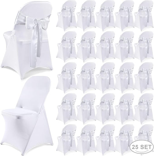 Lounsweer 50 Pcs Folding Chair Cover Set with 25 Stretch Spandex Slipcovers 25 Satin Chair Sashes Bows Ribbon Washable Banquet Protector for Wedding Event Party(White, White)