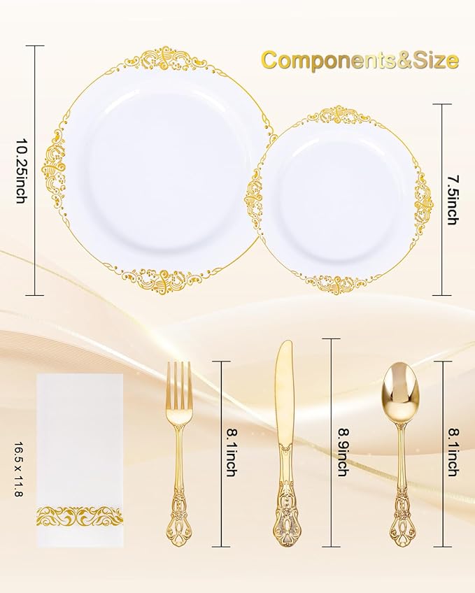 Ciaell 300PCS White and Gold Plastic Plates - Gold Disposable Dinnerware Sets for 50 Guests - 100 Plates, 50 Knives, 50 Forks, 50 Spoons, and 50 Napkins for Wedding, Anniversary, Party