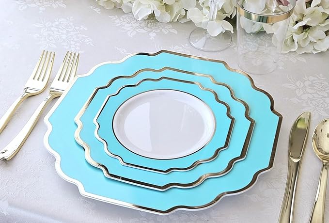 OCCASIONS 80 Plates (40 Guests) Heavy Duty Disposable Aqua & Silver Plastic Plates for Wedding Party, Elegant Dinner & Dessert Set, 40x10.5" + 40x8" - Imperial Aqua & Silver
