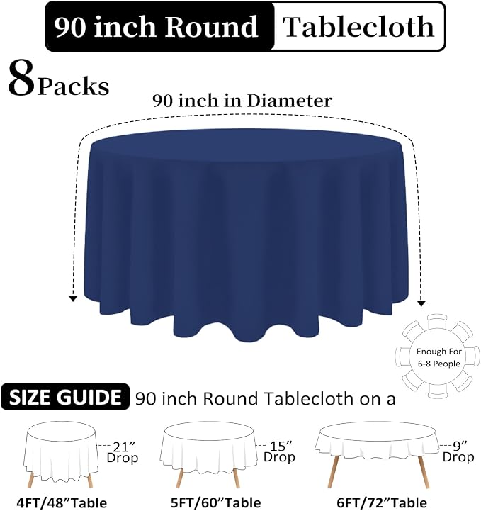 8 Pack Navy Blue Round Tablecloth 90 Inch Blue Table Cloth Stain and Wrinkle Resistant Round Navy Tablecloths Reusable and Washable Polyester Fabric Table Covers for Buffet Wedding Party and Banquet
