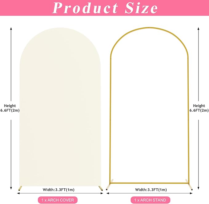 Putros Arch Backdrop Stand and Cover Set, 6.6ft, Gold Arch Stand with Ivory Cover, Metal Arched Background Frame for Wedding, Birthday Party, Baby Shower, Photography Decoration