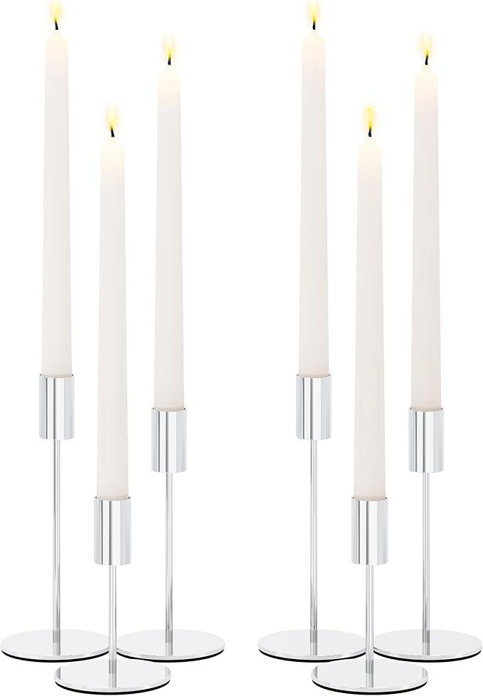 zeochyni Silver Candlestick Holders Set of 6 for Home Decor | Metal Taper Candle Holders in 3 Heights with Weighted Base for Dining, Wedding, Mantel Decor and Housewarming Gift