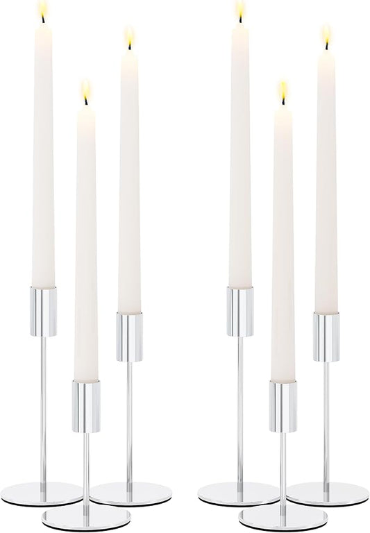 zeochyni Silver Candlestick Holders Set of 6 for Home Decor | Metal Taper Candle Holders in 3 Heights with Weighted Base for Dining, Wedding, Mantel Decor and Housewarming Gift