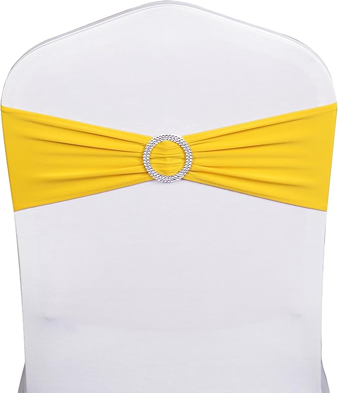 Wedding Yellow Chair Sashes 100 Pack Spandex Chair Bands with Buckles Stretch Chairs Bows for Party Birthday Bridal Shower Engagement Anniversary Christmas Event Decorations