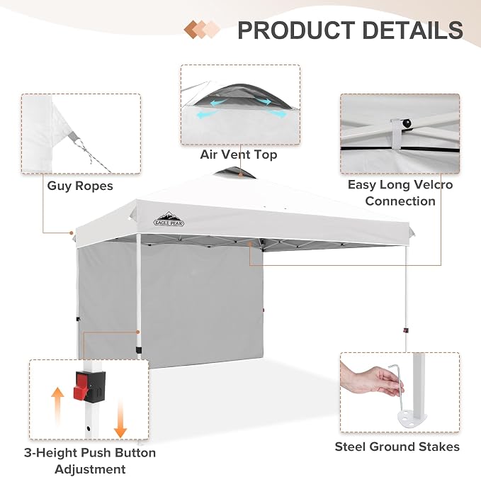 EAGLE PEAK Commercial Canopy 12x12 Pop Up Canopy Tent with 1 Sidewall, Easy Setup Heavy Duty Instant Event Shelter for Vendors & Markets, Outdoor Sun Shade, White