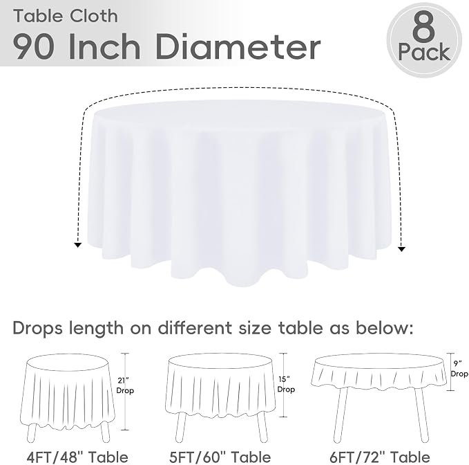 8 Pack Round Tablecloth 90 Inch White Table Cloth for Round Tables, Washable Polyester Tablecloth Stain and Wrinkle Resistant Decorative Table Cloth for Wedding Party Dining Banquet