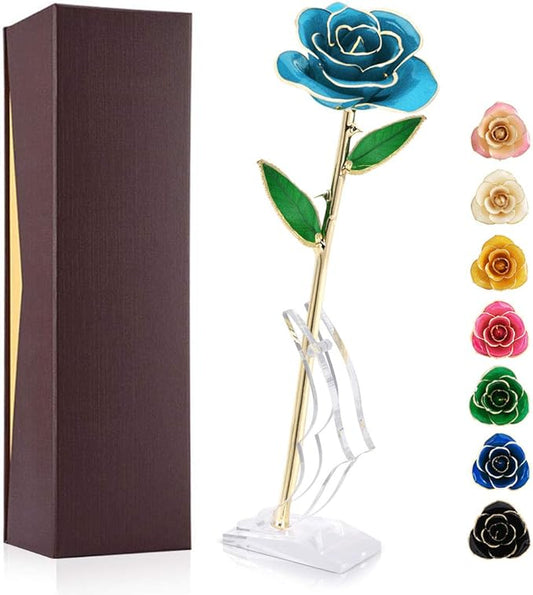 Ejoyous for Mom, Rose Dipped in 24K Gold Romantic Proposal Present for Girlfriend Wife Her on Birthday Christmas Day Valentines Day Anniversary, Light Blue Rose with Rose Stand