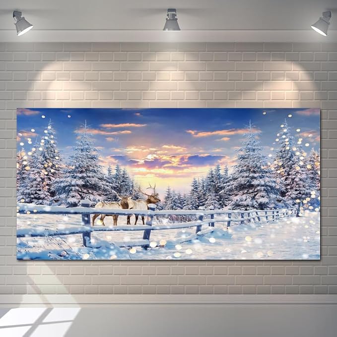 Winter Wonderland Christmas Backdrop 20x10ft for Photography Forest Reindeer Snow Winter Scene Backdrop for Pictures Christmas Party Holiday Background Decorations Photo Booth
