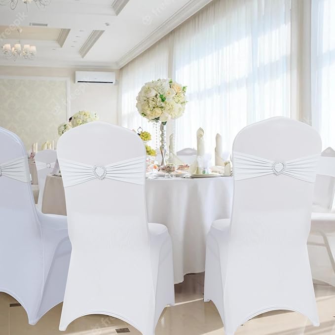 Howhic Pack of 120 Spandex Chair Sashes Bows Stretch Chair Cover Band with Buckle Slider Universal Elastic Chair Ties for Wedding Banquet Party Event Decoration (White)