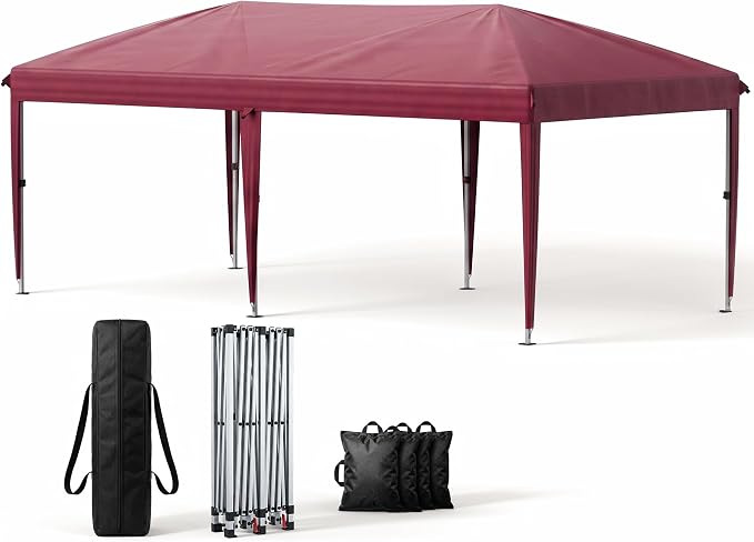 10x20 Pop Up Canopy Without Sidewalls, Instant Tent with Carry Bag, Sandbags, Height Adjustable Waterproof Outdoor Canopy, Outdoor Canopy for Events, Camping, Parties (Red)