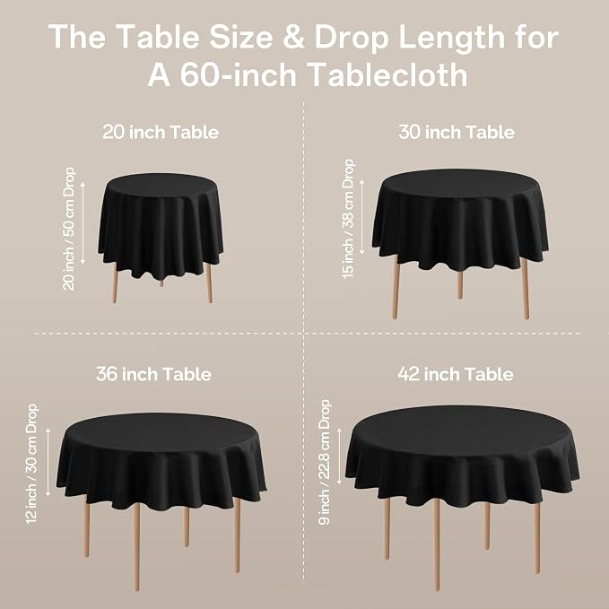 joybest 6 Pack Round Tablecloths 60 Inch Black Table Cloth Fit 20 to 42 Inch Tables, Washable Polyester Fabric Table Cover for Wedding Party Reception Formal Events