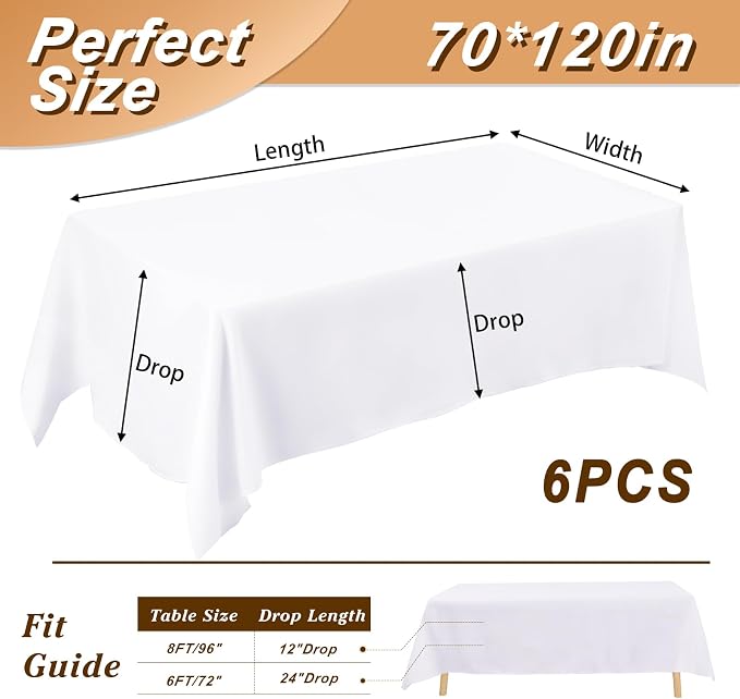 Fixwal 6 Pack White Table Cloth for Rectangle Table, 70 x 120 Inch Polyester Fabric Tablecloths Rectangular, Table Covers 6-8ft for Party, Banquet, Dining, Wedding, Graduation