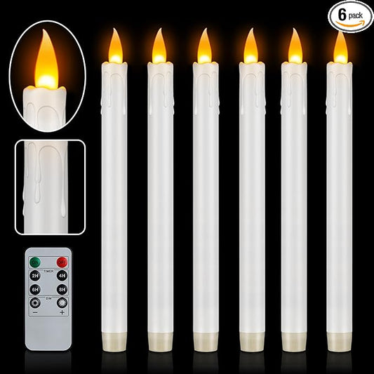 wemarry 10" Flameless Taper Candles with Remote, 6 Pcs White Electric Led candlesticks, PlasticTall Taper Candles Battery Operated with Flickering Flame for Halloween Christmas Wedding Home Décor
