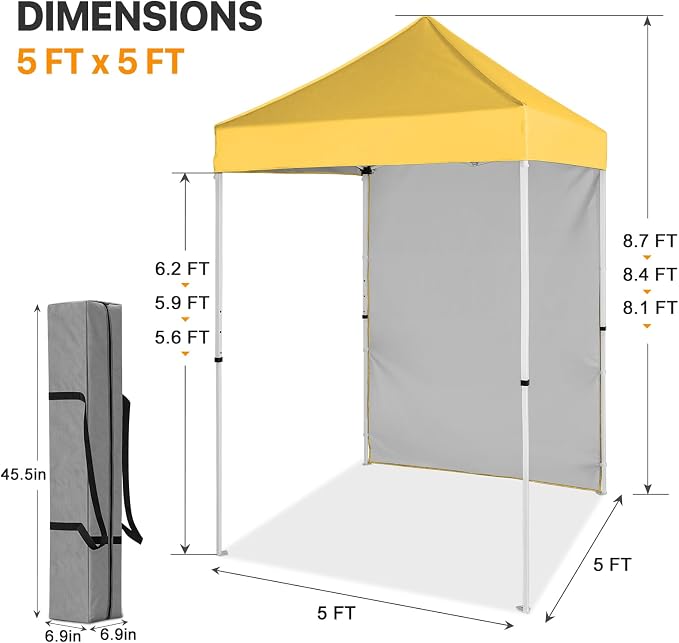 COOS BAY 5x5 Pop Up Canopy Tent with Side Wall, Easy Setup Portable Sun Shelter with Carry Bag, Outdoor Shade for Beach, Camping, Sports & Backyard, Yellow