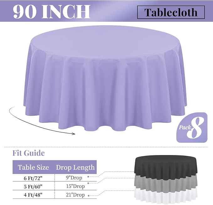 fani 8 Pack Polyester Round Tablecloth 90 Inch Lavender Circular Table Cloth, Stain and Wrinkle Resistant Washable Round Table Cover for Wedding Party Kitchen Dining Table Buffet Parties Camping