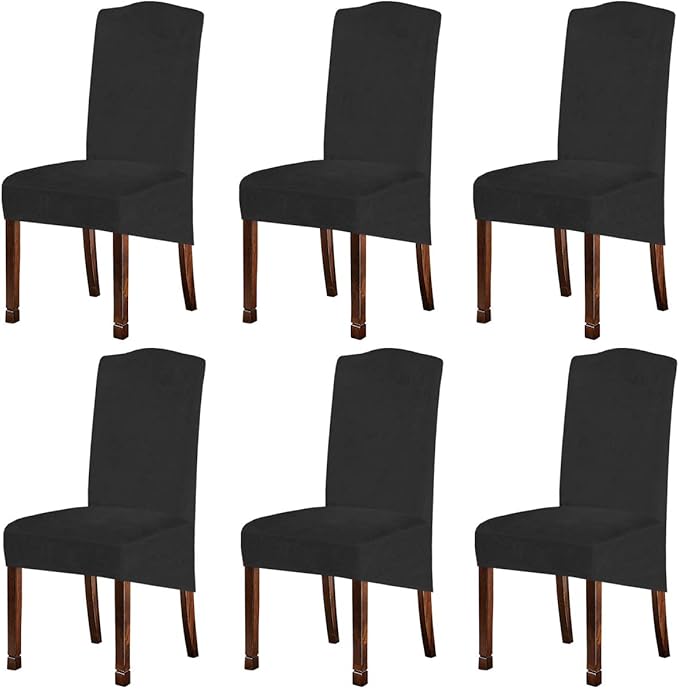 Velvet Plush XL Dining Chair Covers, Stretch Chair Slipcover, Spandex High Chairs Protector Covers Seat Slipcover with Elastic Band for Dining Room,Wedding, Ceremony, Banquet (Dark Grey, Set of 6)