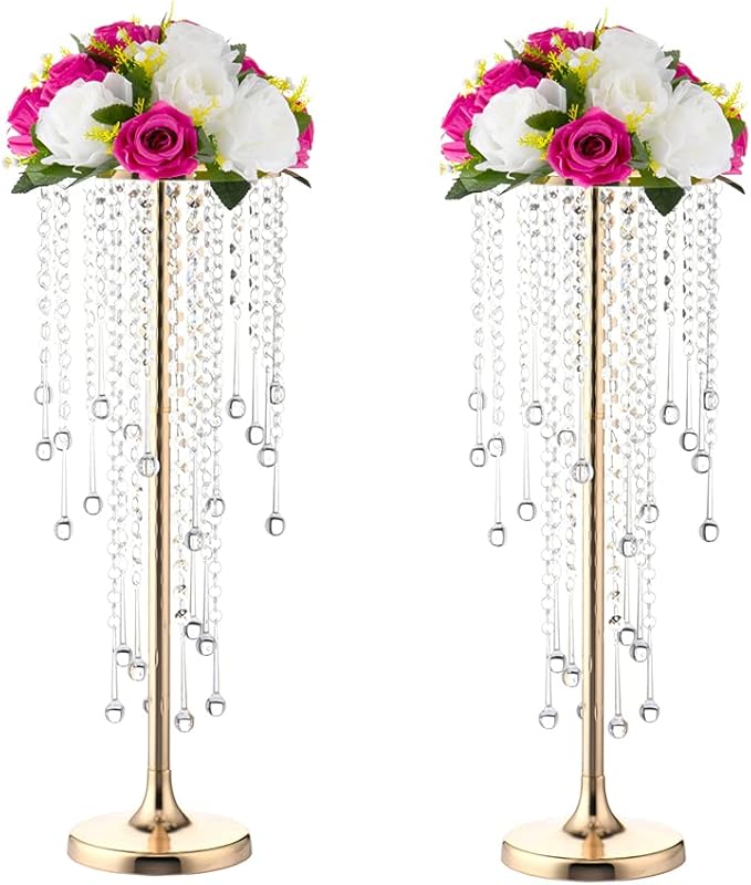 Bigsee 2 Pcs 21.65 inches Crystal Flower Stand Wedding Centerpieces for Tables, Tabletop Gold Metal Flower Arrangement Holder, Elegant Bulk Metal Vases for Reception Party Ceremony Decoration