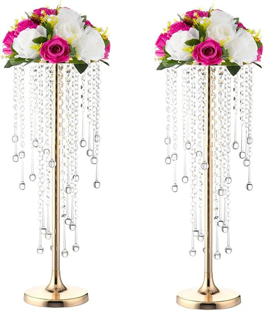 Bigsee 2 Pcs 21.65 inches Crystal Flower Stand Wedding Centerpieces for Tables, Tabletop Gold Metal Flower Arrangement Holder, Elegant Bulk Metal Vases for Reception Party Ceremony Decoration