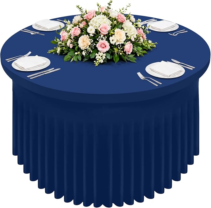 Smiry Round Spandex Tablecloth, Elastic Fitted Washable Tablecloths for 60 Round Tables, Waterpoof Stretch Table Cover Skirt for Outdoor, Wedding, Banquet & Parties, Navy