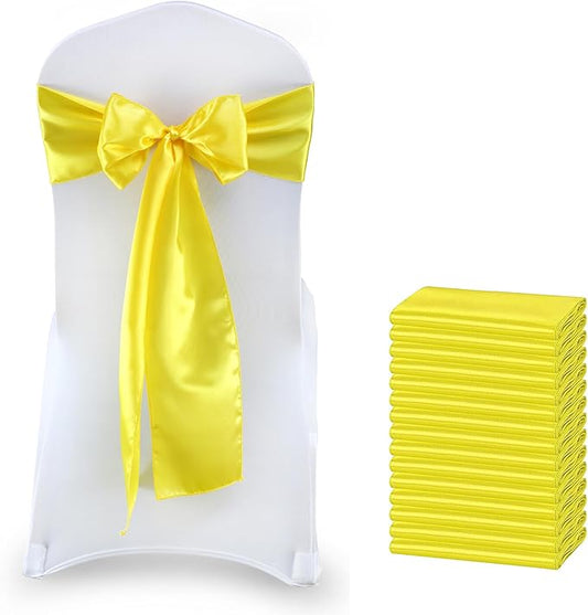 MDS Satin Chair Sashes, 125 Pack, 7”x108” Each, Decorative Chair Bows Ribbon Tie Backs for Wedding Party, Holiday Dinner, Birthday, Reception, Banquet, Hotel & Event Decoration - Yellow