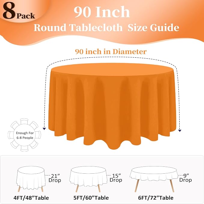 8 Pack Orange Round Tablecloth 90 Inch Round Table Cloth, Wrinkle Resistant and Washable Polyester Fabric Table Cloth Round Table Cover for Dining Wedding Banquet Party