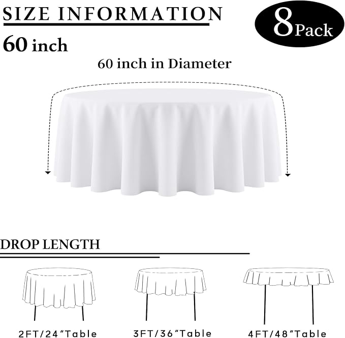 8 Packs Round Tablecloth 60 Inch White Table Cloth for Circle Tables, Washable Polyester Fabric Tablecloths, Wrinkle Resistant Table Cloth Round Cover for Wedding Party Banquet Dining