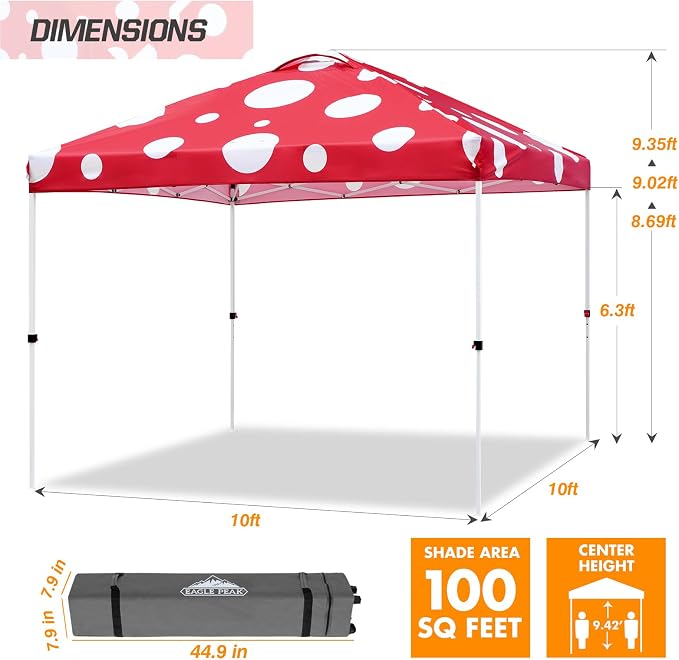 EAGLE PEAK Pop Up Canopy Tent with Wheeled Carry Bag, 8 Stakes, 4 Ropes, 4 Weight Bags, Easy Set Up Tent Canopy, 10x10 ft, 100sqft of Shade, Red Mushroom