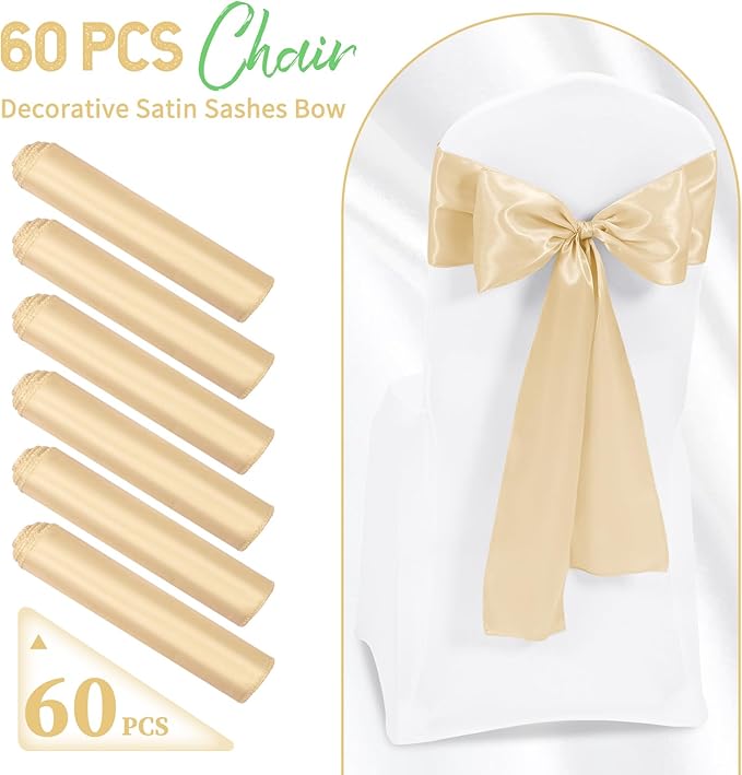 60 PCS Champagne Satin Chair Sashes, Ties Bows Designed Chairs Decorative, Chair Cover Sashes for Thanksgiving Wedding Christmas Banquet Party Home Kitchen Decoration (7 x 108 inch)