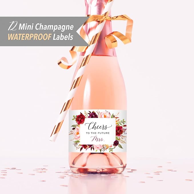 Cheers to the Future Mrs. - 12 Mini Champagne Bottle Labels, Waterproof Mini Wine Bottle Labels for Bridal Shower Bachelorette Party (Burgundy Floral, 12 Mini Bottle Labels)