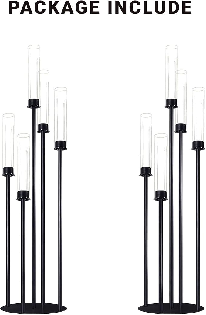 Black Candelabra with Glass Cylinders for Real Candles 5 Head Metal Candle Holder Wedding Centerpiece Ceremony Reception Event Party Home Decoration (2, L)