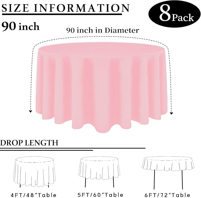 8 Packs 90 Inch Pink Tablecloth Round Tablecloth for Circle Tables, Washable Polyester Table Cloth, Wrinkle Resistant Round Cover for Wedding Party Banquet Dining