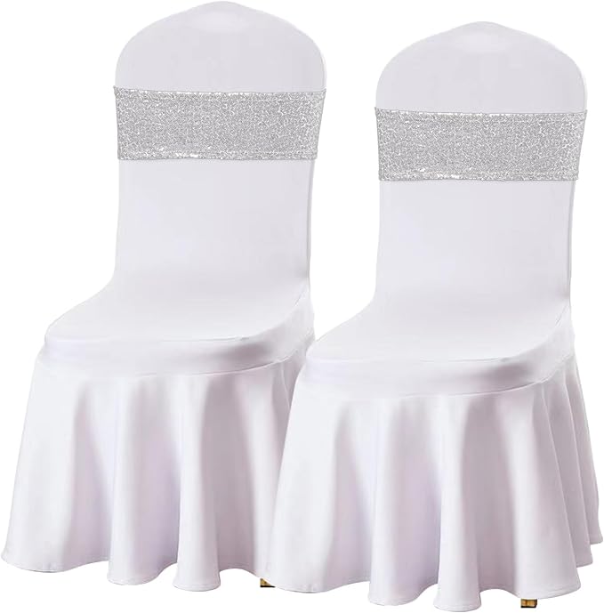 SquarePie Pack of 10 Sequin Chair Sashes Silver Sparkling Bands Decorative Bows for Wedding Banquet Party Event Decor