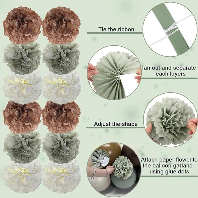 Dusty Green Nude Balloon Arch Double Stuffed Sage Green Brown Beige White Sand Balloon Garland Kit Tissue Paper Pom for Neutral Baby Shower Birthday Woodland Wedding Wild One Party Decor