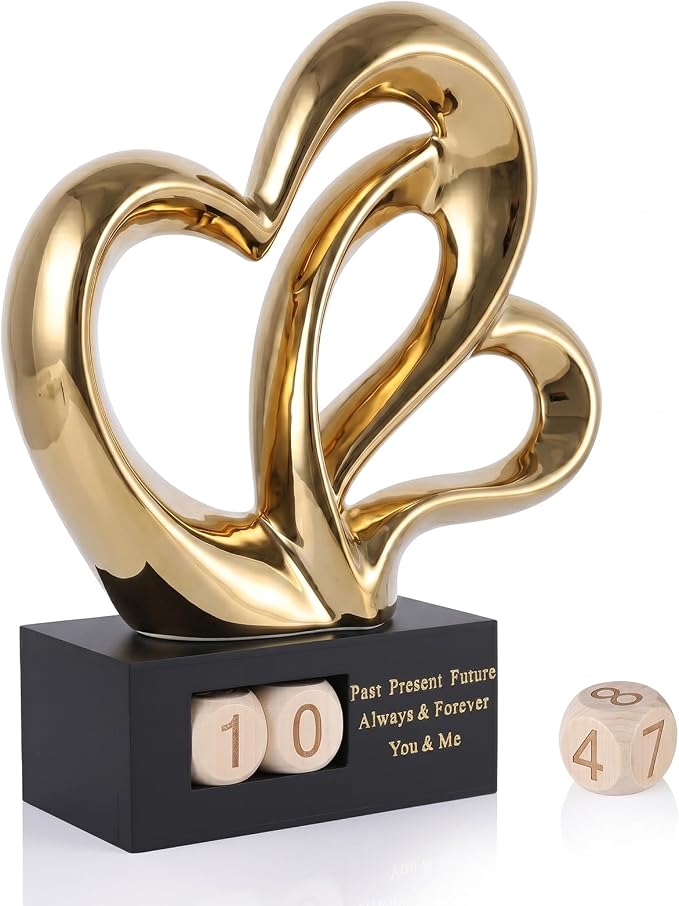Ceramic Heart Sculpture with Date Blocks, Gold Hearts Statue for Home Decor, Romantic Valentines Day & Wedding for Couple, Shelf Mantel Tabletop Display (Gold)