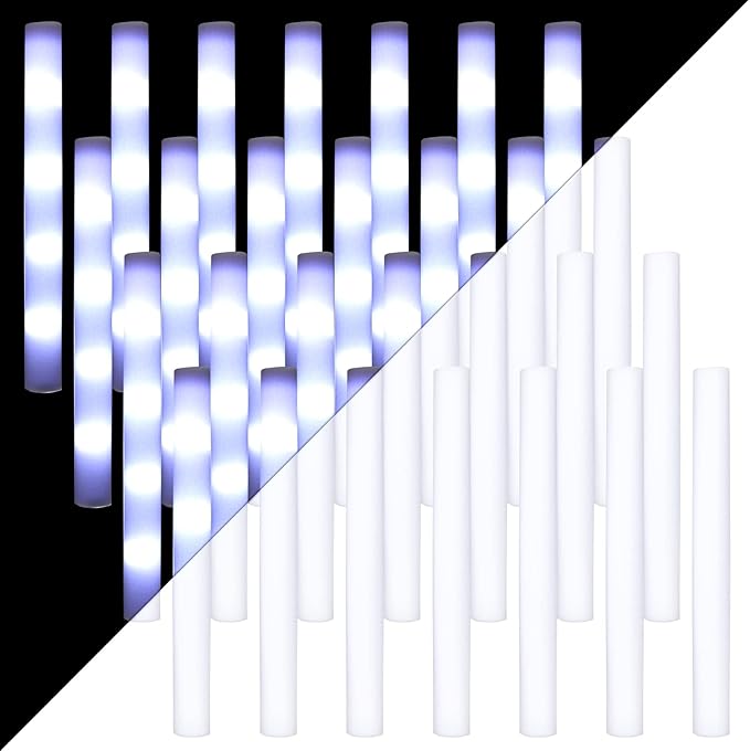 Cunno 50 White LED Foam Stick Bulk 16 Inch 3 Modes Light up Glow in The Dark Light Sticks Flashing Glow Wands for Wedding Birthday Rave Concert Carnival Multi Item Party Favor Packs, Battery Powered