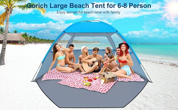 Gorich Beach Tent Sun Shelter for 3/4/6/8/10 Person with UPF 50＋ UV Protection, Lightweight & Easy Setup Beach Shade Canopy, Portable Beach Shade Tent Beach Cabana