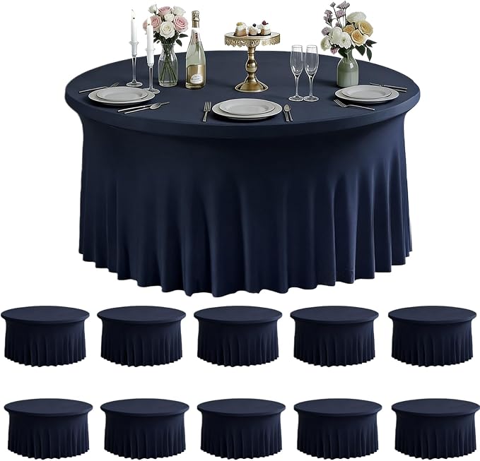 10 Pack Navy Blue Spandex Round Tablecloths for 60inch Tables, 120 Inch Stretchy 5ft Round Fitted Tablecloth Washable Table Cloths Table Covers with Skirt for Wedding Party Birthday Banquet