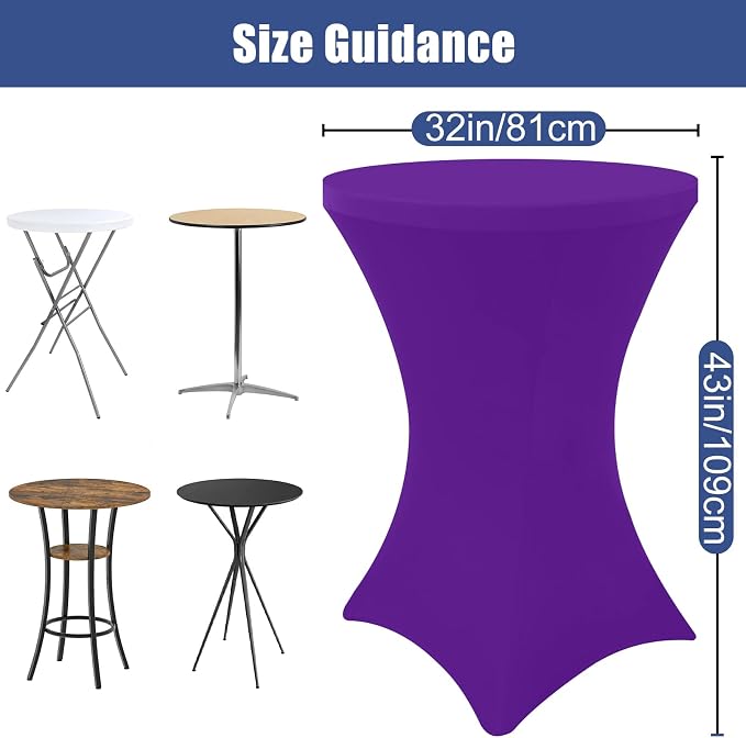 Moosfor Spandex Cocktail Table Covers 4 Pack, Elastic Fitted Stretch Table Cloth, Round High Top Tablecloths for Bar, Party, Pub, Wedding & Banquet (Purple, 32x43 Inch)