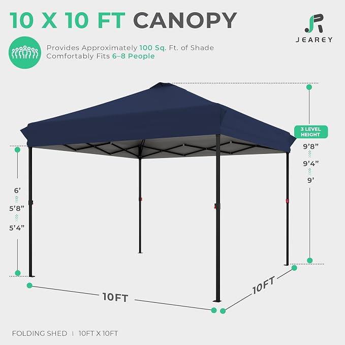 JEAREY 10x10 ft Pop Up Canopy Tent, Heavy Duty Outdoor Canopy with 1-Push Instant Setup, Commercial Tent with Roller Bag, 4 Sandbags and 8 Stakes, Water-Resistant – Navy-Blue